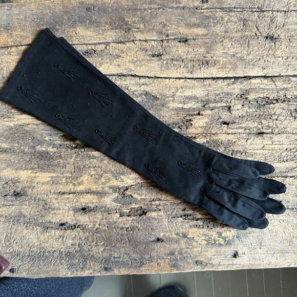 Vintage Black Beaded Opera Gloves 1950s Crescent All Cotton Size 6.5 16.5” Long - Picture 1 of 8